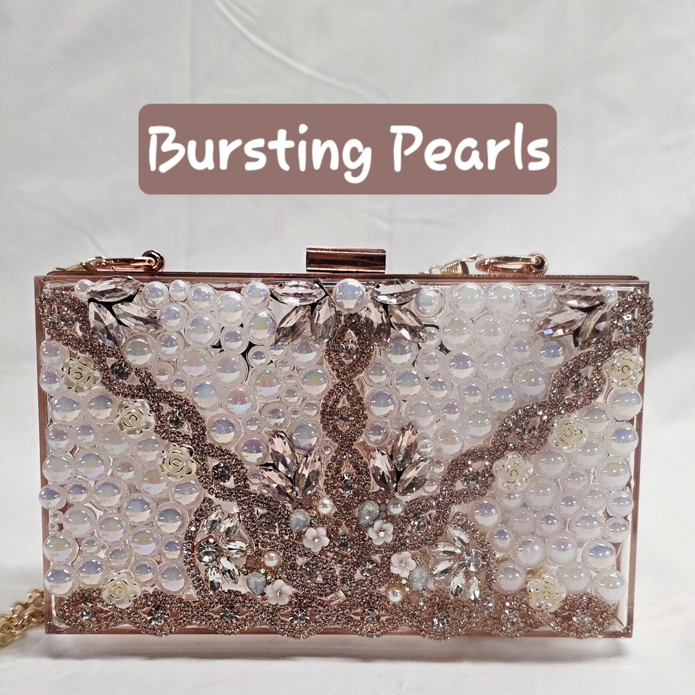 Handmade Pearl Chaos Clear W/ Rose Gold Hardware Acrylic Clutch - Bursting Pearl